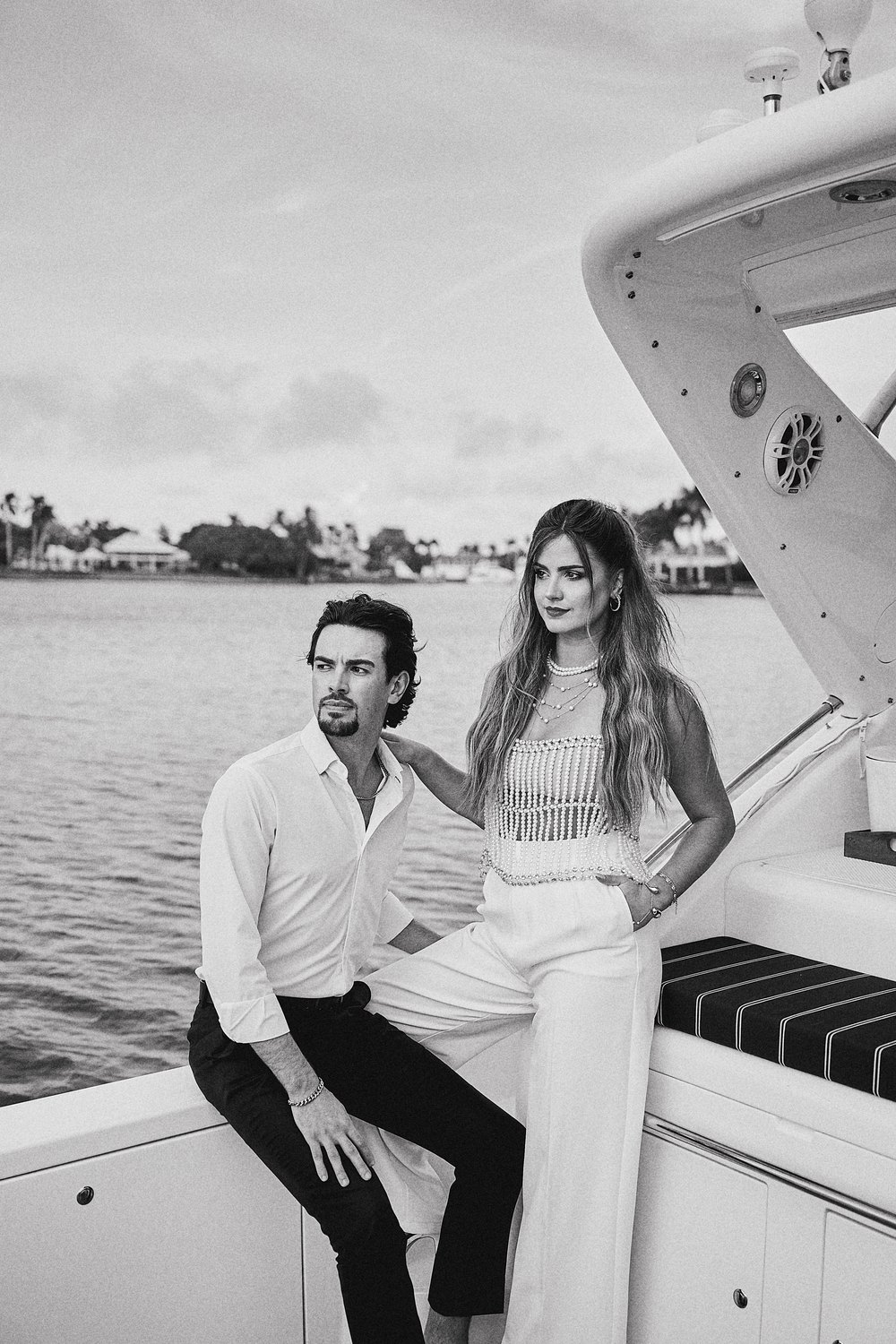 Aboard the yacht, in black and white
