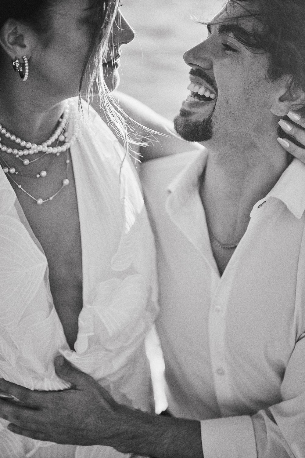 Laughing, in black and white