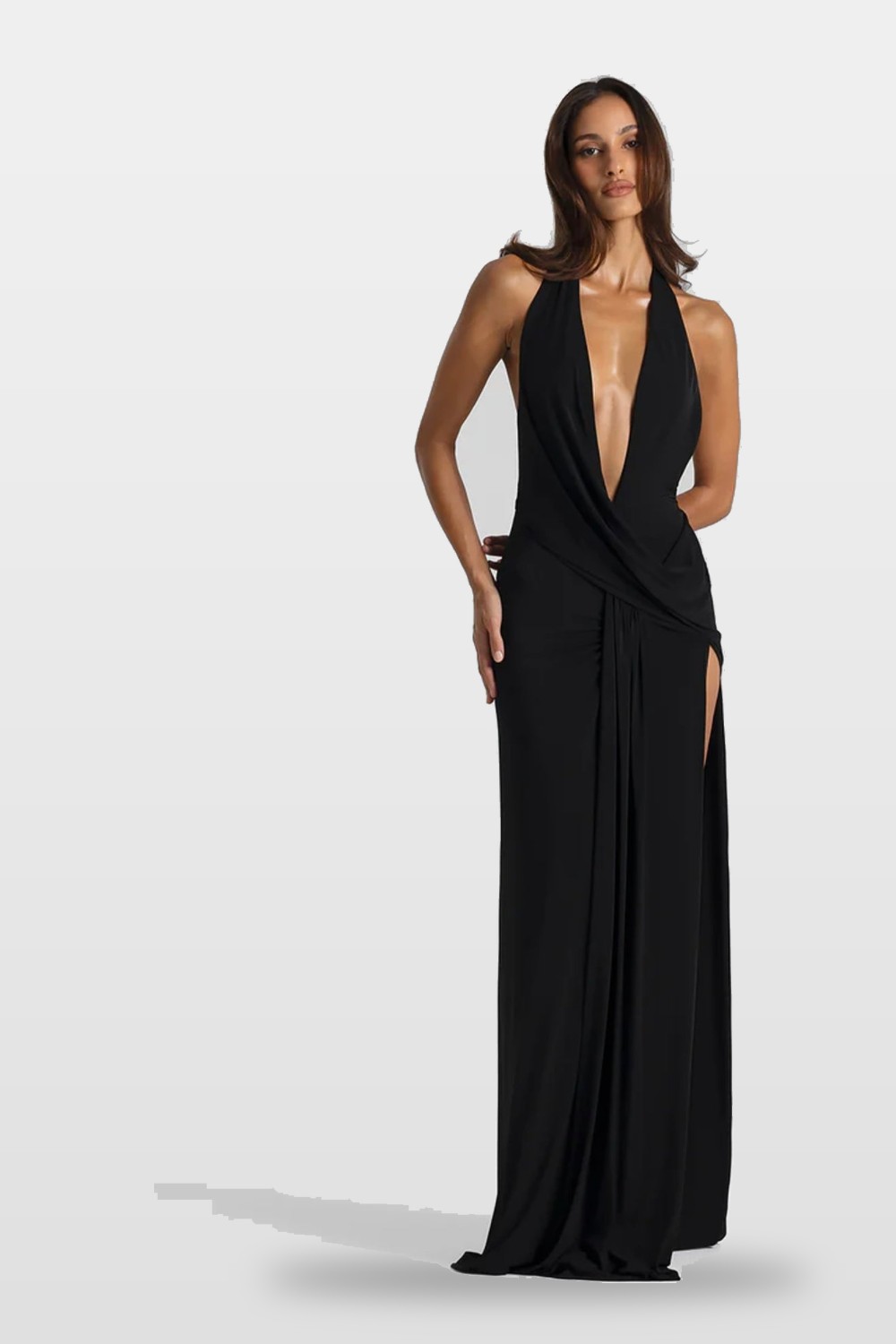 A plunging gown with a thigh slit